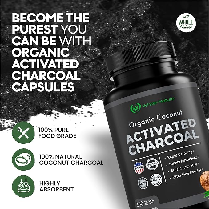 Coconut Activated Charcoal Capsules 180 Charcoal Capsules Teeth Whitening Helps Constipation Bloating Stomach Gas Heartburn Pure Coconut Derived Supplement (2)