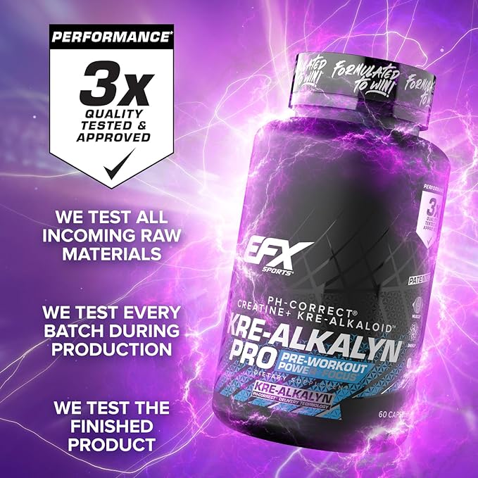 EFX Sports Kre-Alkalyn Pro | pH Correct Creatine Monohydrate Pill Supplement | Muscle Building Pre Workout for Men &amp Women | 30 Servings 60 Capsules