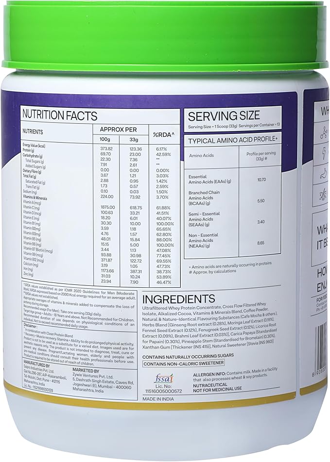 OZiva Protein &amp Herbs Men with MultivitaminsAshwagandhaBrahmiMaca Musli for Improved Stamina Lean Muscles &amp Recovery 1.1 lbs Cafe Mocha. Soy Free Gluten Free Non GMO