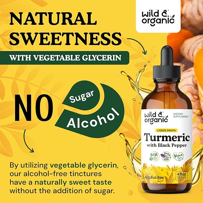 Wild &amp Organic Turmeric Supplement Liquid Drops - Movement &amp Immune Support - Liquid Turmeric with Black Pepper Extract - Add to Tea Tincture - Curcumin Supplements - Sugar &amp Alcohol-Free
