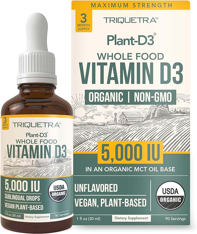Plant-D3 Organic Vitamin D3 5000 IU - Vegan Max Strength Sublingual Liquid D3 Drops - 200% Higher Absorption - 100% Plant-Based Cholecalciferol Form - Adjustable Dosing for All Ages (1oz Liquid)