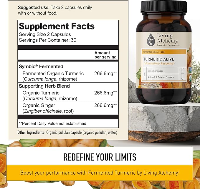 Living Alchemy Turmeric &amp Ginger Supplement - Fermented Turmeric Capsules for Gut Mobility &amp Joint Support - Natural Herbal Supplements - Vegan Non-GMO Filler-Free &amp Dairy-Free 60 Pcs