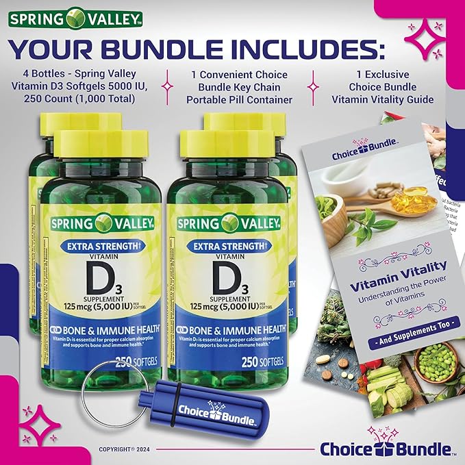 Spring Valley Vitamin D3 Softgels 125 mcg 5000 IU 250 Ct 4 pk (1000 Total) + Vitamin Vitality &amp Pill Container (6 Items)!