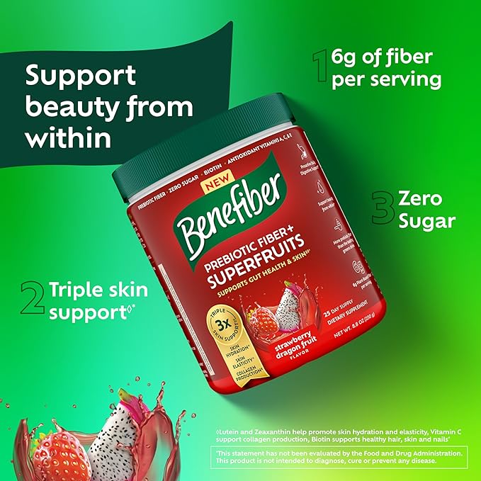 Benefiber Prebiotic Fiber + Superfruits Dietary Supplement Strawberry Dragon Fruit Flavor 8.8 oz (250g)
