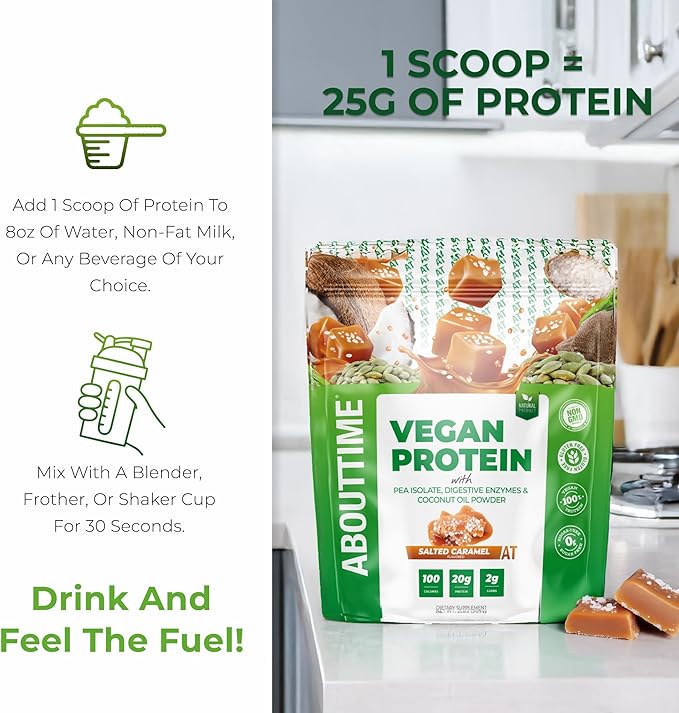 About Time Vegan Protein Powder 20g Salted Caramel Natural Ingredients Non-GMO Plant Based Gluten Free Soy Free Dairy Free 32 Servings