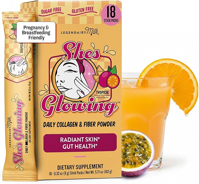 Legendairy Milk Collagen Peptides Powder &amp Prebiotic Fiber for Women Digestive Health Drink Mix Skin Cellulite Fine Lines &amp Regularity Tropical Flavor Supplement She’s Glowing 18 Stick P