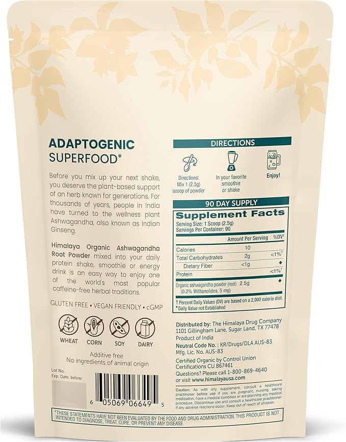 Himalaya 100% USDA Certified Organic Ashwagandha Root Powder Herbal Supplement Supports Relaxation Stress Relief Energy Occasional Sleeplessness Non-GMO Vegan Flavorless 7.9 Oz Bag