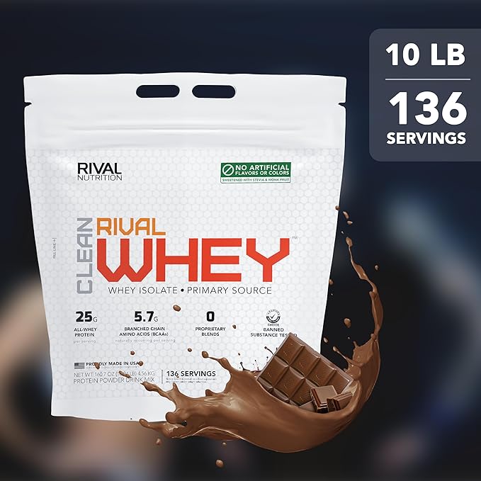 RIVAL NUTRITION Clean Rival Whey – 10LB Pure Chocolate – 100% Whey Protein Powder Whey Isolate Primary Source | 25g Protein Muscle Gain/Recovery | All Natural No Artificial Ingredients- 136 Servings
