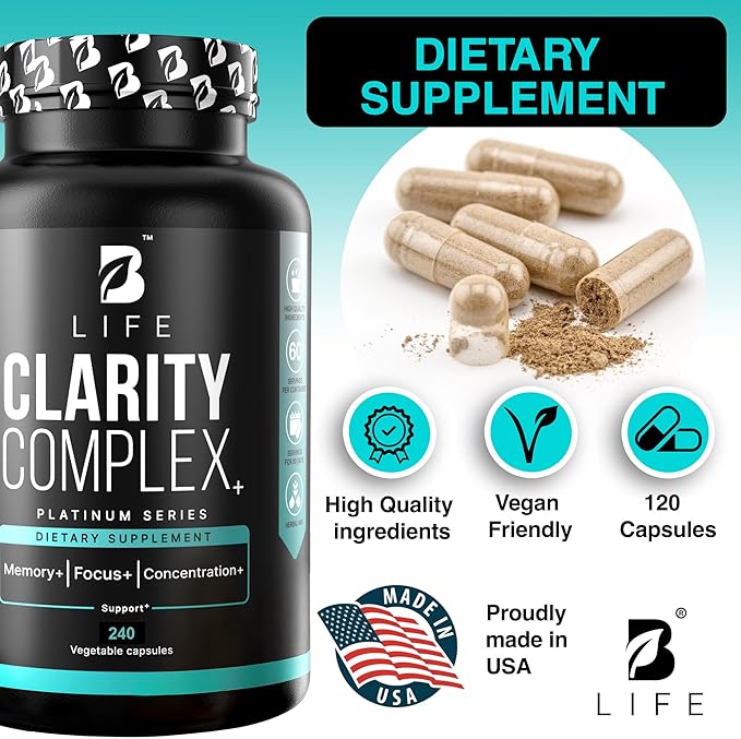 Lion’s Mane Mushroom Capsules – Memory Focus &amp Clarity – Nootropic Brain Supplement with Ashwagandha Thiamin (B1) Magnesium L-Threonate – Cognitive and Brain Support for Mental Energy 240 Caps