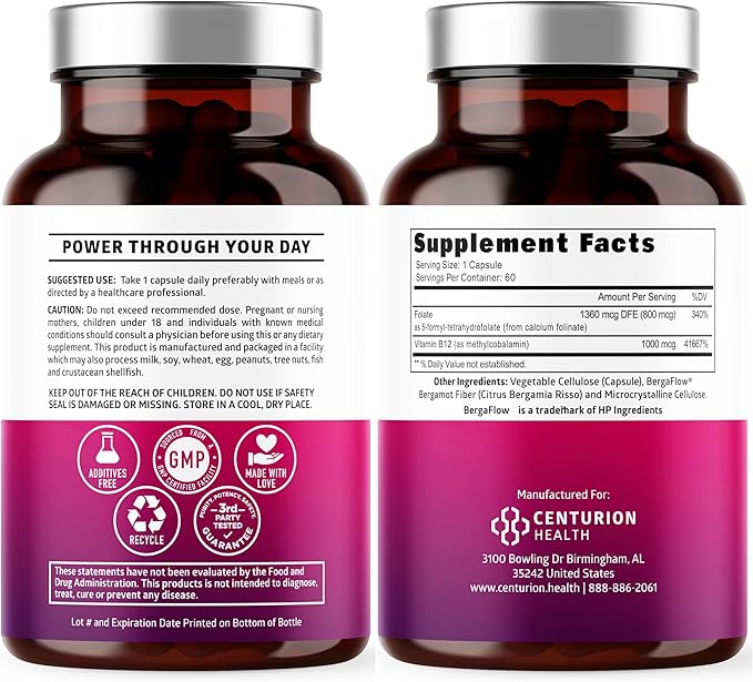 Number One Nutrition Premium Methylated B12 + Folate Supplement for Energy Cognition and Nerve Support 60 Vegan Capsules Non-GMO and Gluten-Free