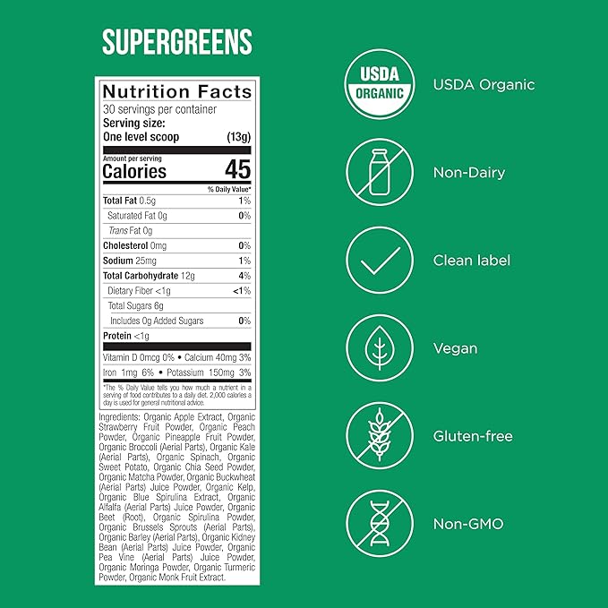 SuperGreens - Potent Superfoods Blend - Plant-Based Antioxidant Support - Greens Powder Supplement &amp Drink Mix - Non-GMO Vegan &amp Gluten-Free - SuperGreens (30 Servings)
