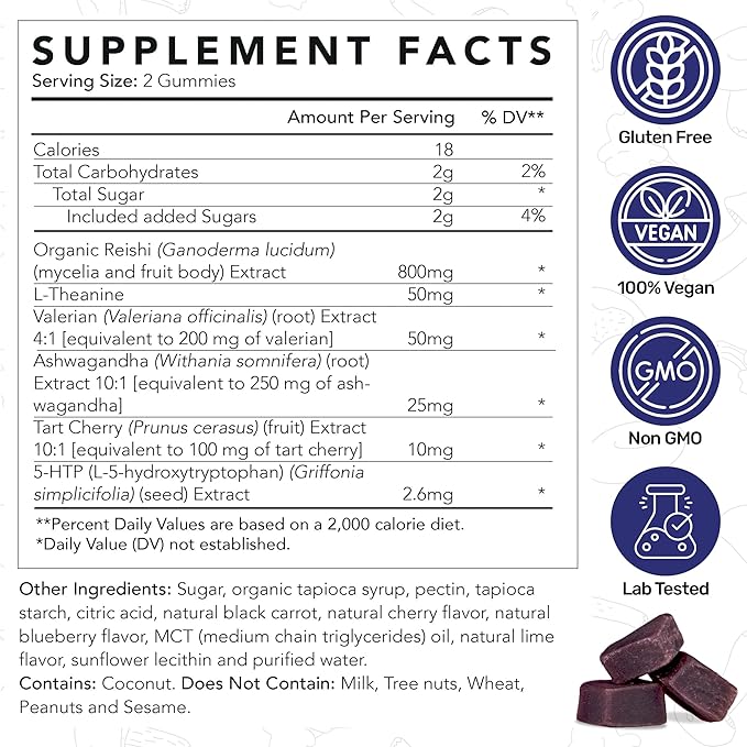 PM Rest &amp Sleep Mushroom Gummies 60 Count - L-theanine Supplement with Reishi Ashwagandha Valerian Root &amp Tart Cherry for Natural Relaxation Mood &amp Improved Sleep - Vegan Non-GMO