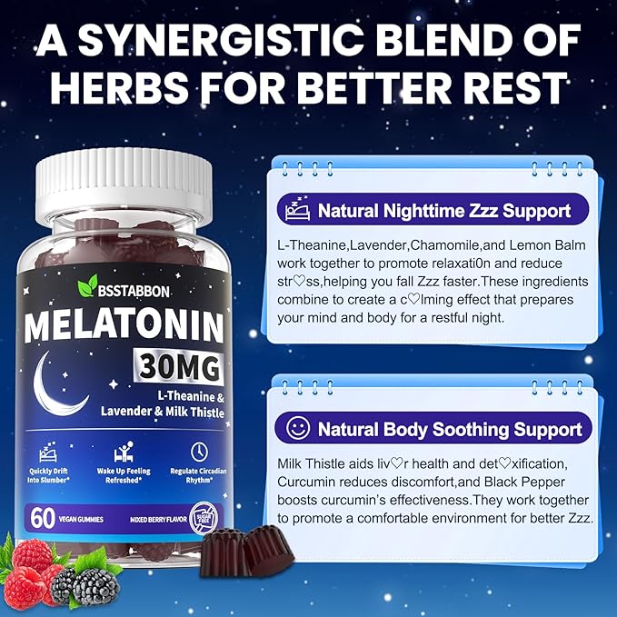 Adults Melatonin Gummies 30mg: Extra Strength Sugar Free Melatonin Gummies with Magnesium L-Theanine Chamomile Lavender Vitamin B12 B6 D3 - Nighttime Deep Zzz Aid Immune Support(120Count)