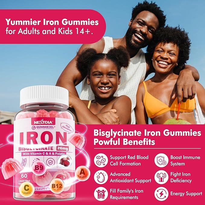 Iron Bisglycinate 26mg Filled Gummies- Gentle Beet Root Iron Gummy plus Vitamin C Supplement Iron with B12 &amp Folate for Women &amp Men Iron Deficiency Immune &amp Energy Support Sugar-Free