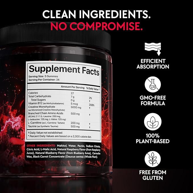Creatine Monohydrate Gummies Complex 5000 MG for Men &amp Women Preworkout Gummy with BCAA L-Carnitine Taurine &amp Vitamin B12 for Muscle Growth Strength &amp Energy Support  Flavored and Che