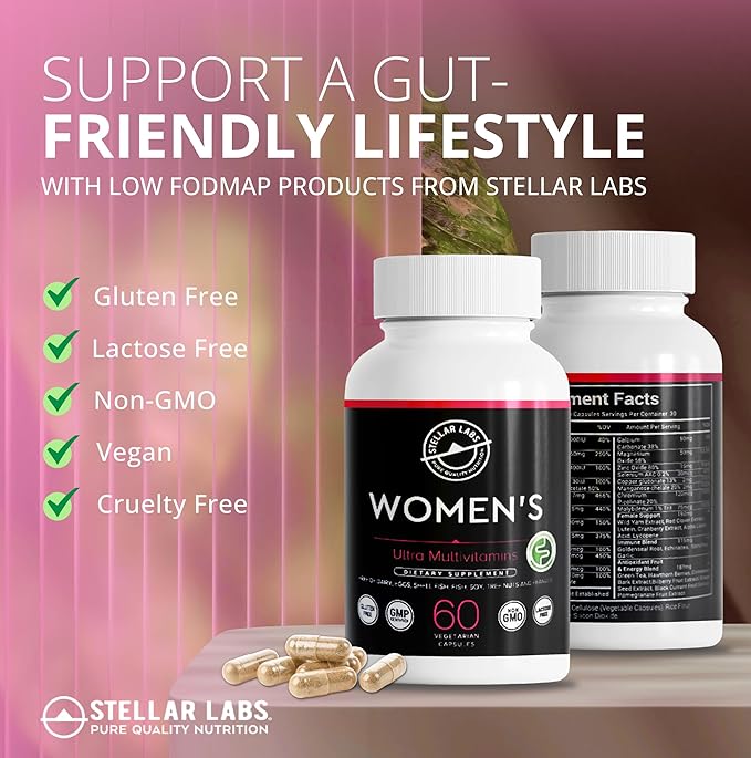 Stellar Labs Low FODMAP Vegan Women's Ultra Multi-Vitamin | Easy to Digest Daily Multivitamin Without Iron | Low Energy Supplement Female Support | Easy to Swallow Veggie Capsules | 60 Count