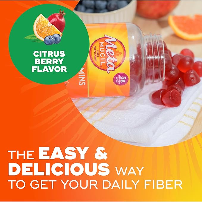 Metamucil Fiber Gummies for Adults with Vitamins CDB12 for MetabolismNo Sugar Added Citrus Berry Flavor5g Plant Based Prebiotic Fiber Supplement Blend120 Count (Pack of 2)