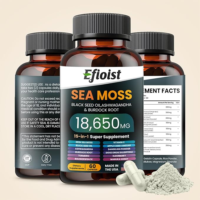 Sea Moss 6000mg Black Seed Oil 4000mg Ashwagandha 2000mg &amp Burdock Root/Turmeric/Bladderwrack 18650mg Sea Moss Supplement Seamoss Black Seed Oil Ashwagandha Ginger 120 Count