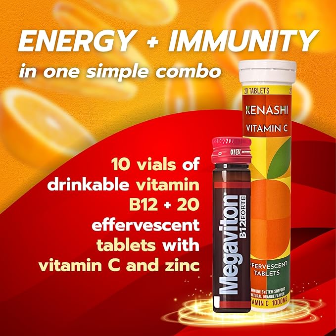 Vitamin B12 Methylcobalamin Liquid Forte 10 Drinkable Vials + Kenashi Vitamin C Effervescent Tablets with Zinc 1000mg Orange Flavor | Vitamin B12 Liquid Energy Boost