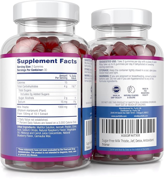 Sugar-Free Milk Thistle Gummies for Liver Cleanse Detox &amp Repair (Natural Blueberry-Raz Flavor) Cardo Mariano Cleansing Milk Thistle Supplement Antioxidant Support Vegan Replaces Pills &amp C
