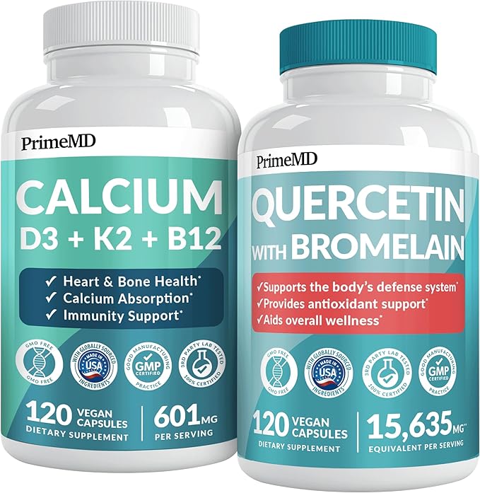 PrimeMD 4-in-1 Calcium Supplements for Women &amp Men or Heart Bone &amp Body Defenses (120 ct) &amp 28-in-1 Quercetin with Bromelain Supplement - Quercetin 500mg Capsules for Immune Defense Suppo
