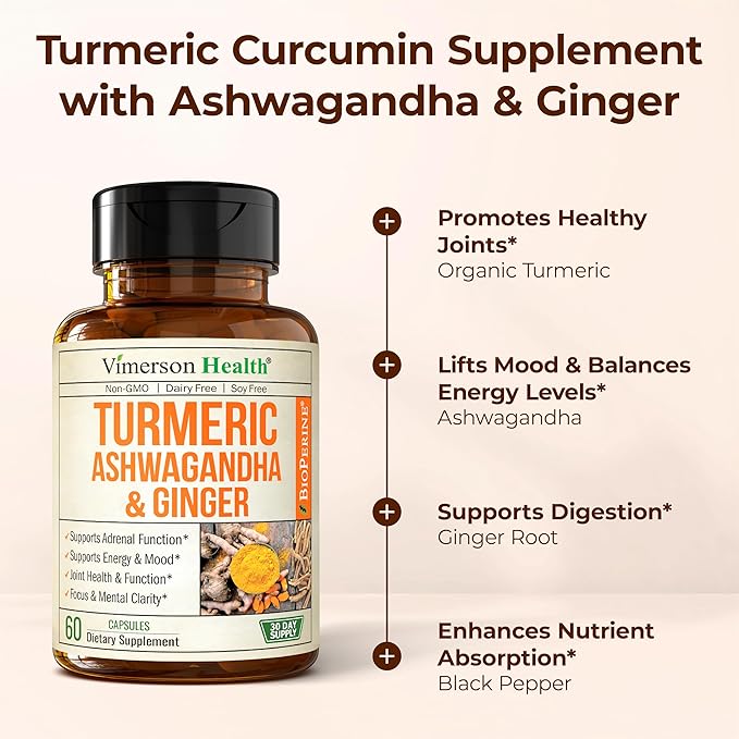 Ashwagandha Organic Turmeric Curcumin Supplement with Ginger Root &amp Black Pepper – Joint Health Energy &amp Immune Support – Antioxidant Blend with 95% Curcuminoids – 60 Capsules