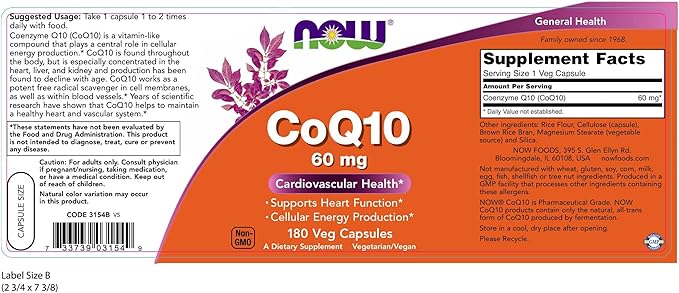 NOW Foods CoQ10 60 mg 180 Vcaps (Pack of 2)