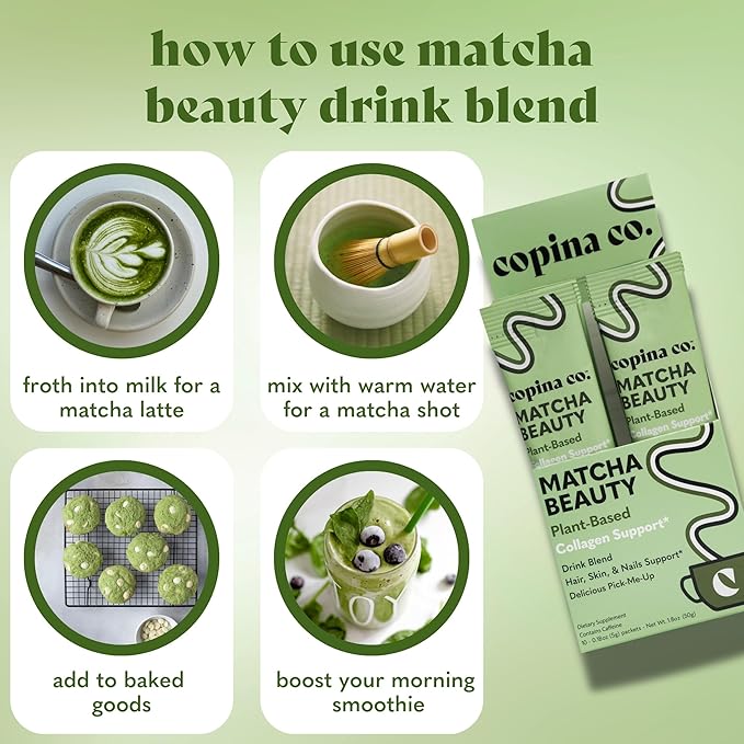 Copina Co. Matcha Beauty Vegan Collagen Booster Drink Blend: Plant Based Collagen Support Smoothie Drink Vegan Blend Variety Pack | Matcha Flavor | 10 Individual Stick Packs per Carton