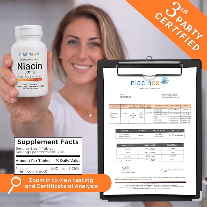 Niacin 500mg Extended Time Release 200 Tablets Minimal to No-Flush Vitamin B3 Supplement - Cholesterol Balance Nicotinic Acid Vegan cGMP made in the USA