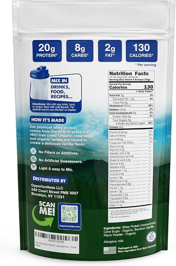 Opportuniteas Grass Fed Whey Protein Powder Concentrate - Vanilla - Pure Protein Supplement - Non GMO Hormone Free &amp Gluten Free - 1lb