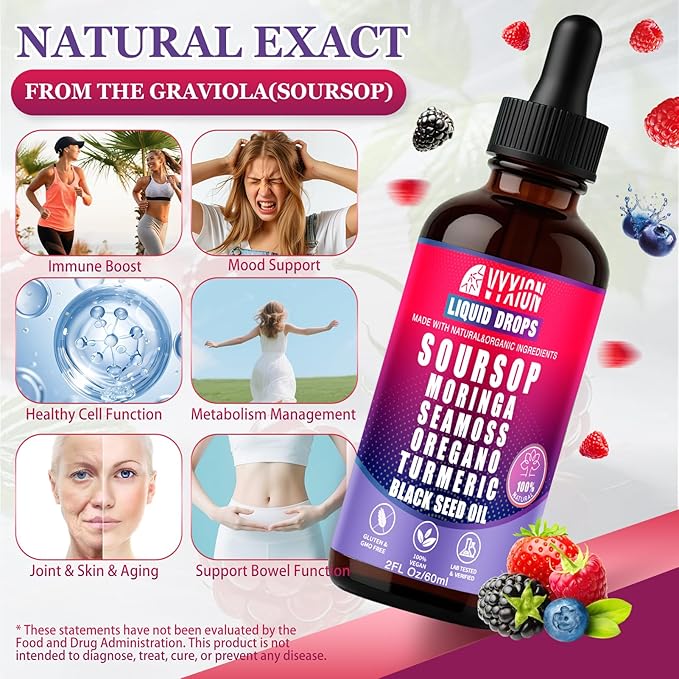 Soursop Bitters Liquid Drops 10 in 1 with Sea Moss Moringa Turmeric Black Seed Oil Oregano Ashwagandha | Herbal Extracts for Overall Health-Enhancing |Vegan Non-GMO| 2 Fl Oz(Mixed Berry Flavor)