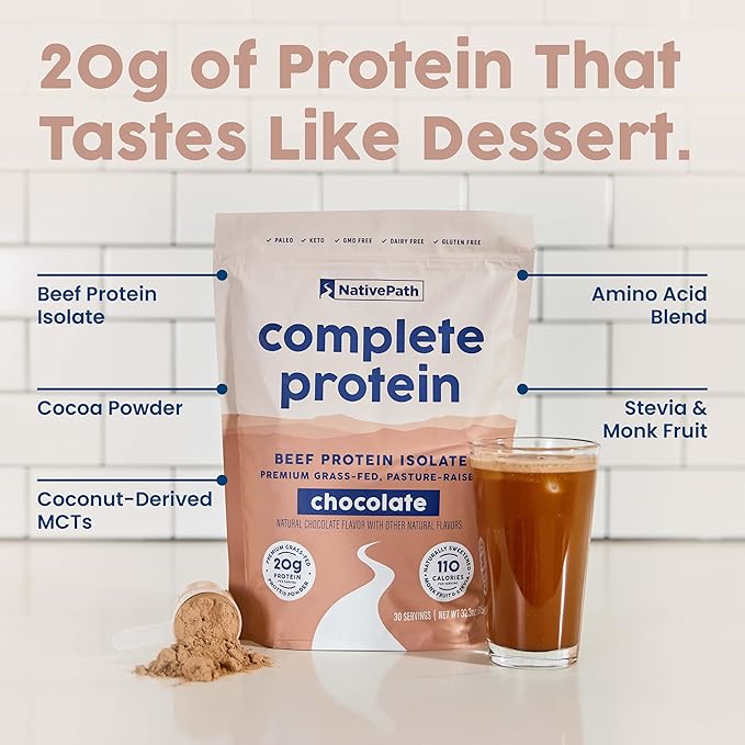 NativePath Complete Beef Protein Powder Isolate – Grass-Fed Pasture-Raised Dairy &amp Lactose Free Gluten Free Zero Sugar MCTs &amp Amino Acids – 20g Protein Chocolate Flavor 30 Servings