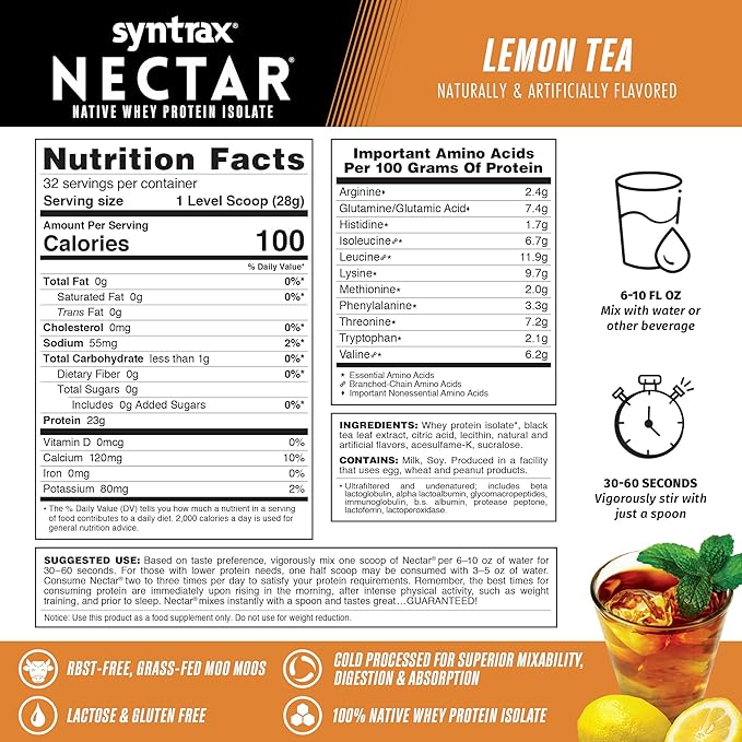 Syntrax Nutrition Nectar 100% Whey Protein Isolate Powder Refreshing Fruit Flavor Lemon Tea 2 lbs