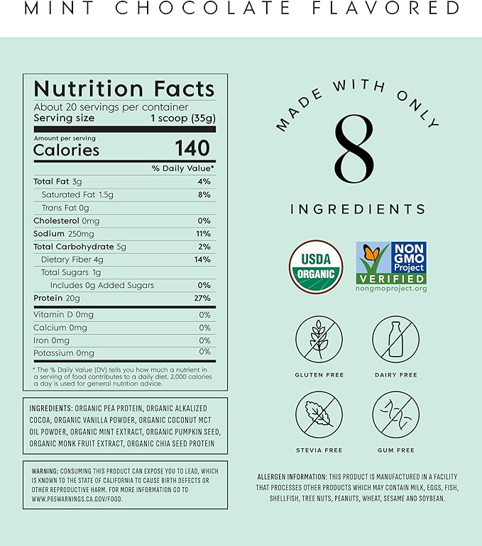 Truvani Vegan Pea Protein Powder | Mint Chocolate | 20g Organic Plant Based Protein Per Serving | 20 Servings | Keto | Gluten &amp Dairy Free | Low Carb | No Added Sugar