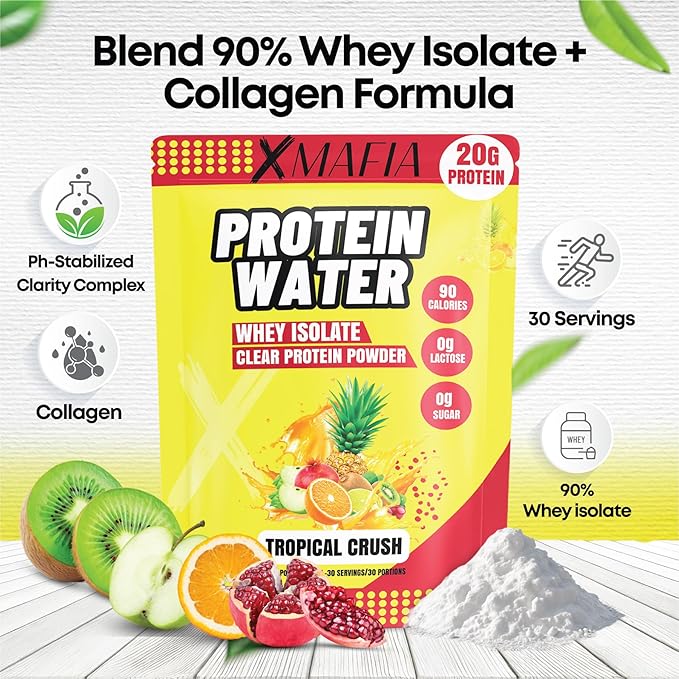 XMafia – Protein Water Clear Protein Powder – 30 Servings 20g Protein 27 oz - Hydrator Whey Isolate - 0g Lactose 0g Sugar Keto-Friendly - Tropical Crush - Iso Juice Protein Post-Workout