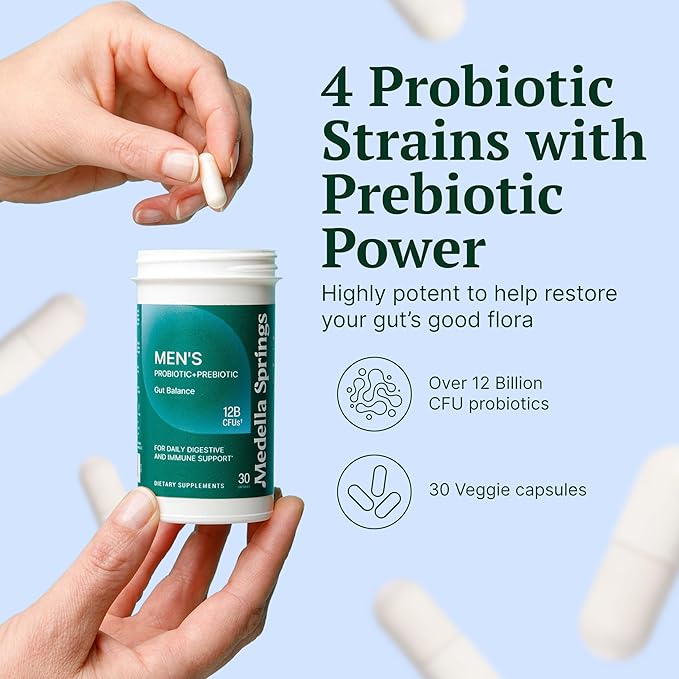 Men’s Probiotic + Prebiotic – 4 Probiotic Strains with Prebiotic Power – Probiotics for Men with 12 Billion CFUs - Non-GMO Digestive &amp Immune Support Supplement - Made in the USA – 30 Veggie Capsu
