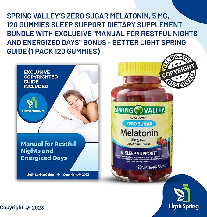 Spring Zero Sugar Melatonin 5 MG 120 Gummies Sleep Support Bundle with Exclusive Manual for Restful Nights and Energized Days - Better Ligth&ampSpring Guide
