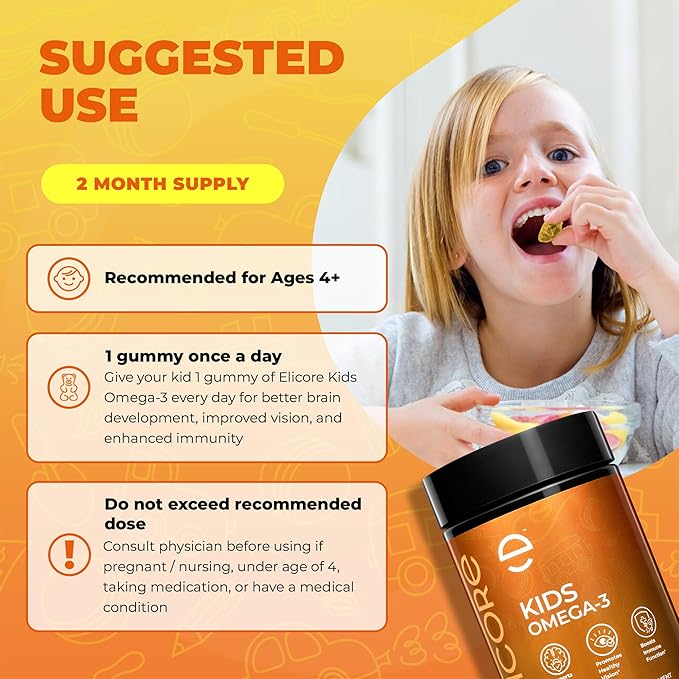 Premium Kids Omega 3 Gummies – Orange Flavor Fish Oil for Kids – Omega 3 Gummies for Children – No Fish Burps – Brain Eye &amp Immune Support – 2 Month Supply