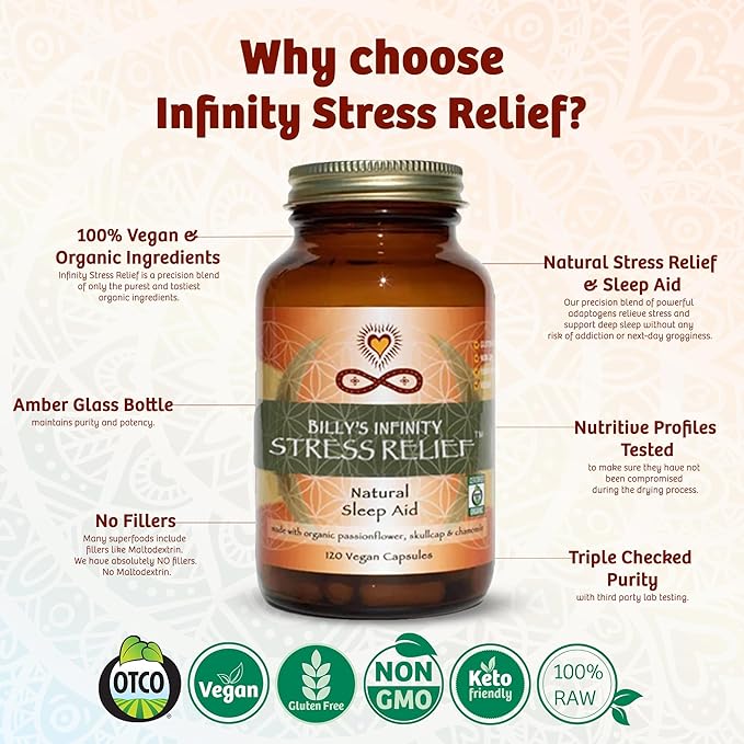 Infinity Stress Relief Adaptogen Mood Support Supplement with Passion Flower Skullcap and Chamomile Organic Vegan Non GMO 40 Day Supply (120 Capsules)