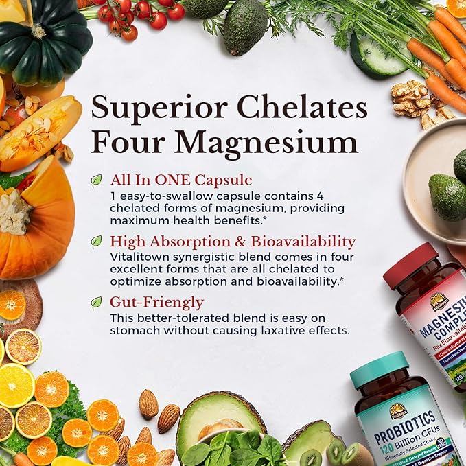Vitalitown Magnesium + Probiotic Bundle (Pack of 2) | Magnesium Complex (Item 1) &amp Probiotics 120 Billion CFUs (Item 2) | 120 Magnesium Capsules &amp 30 Probiotic Capsules