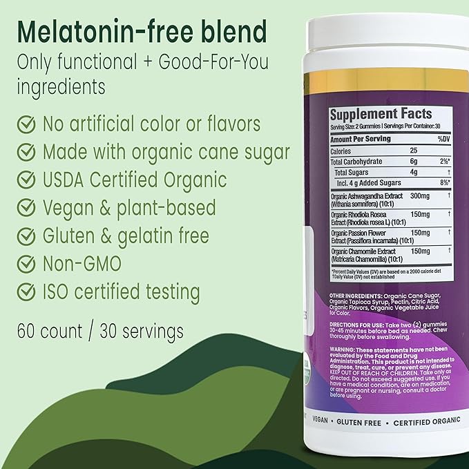 Sunsoil Better Sleep Organic Gummies No Melatonin Ashwagandha USDA Certified Organic Vegan Gluten-Free Sleep Support