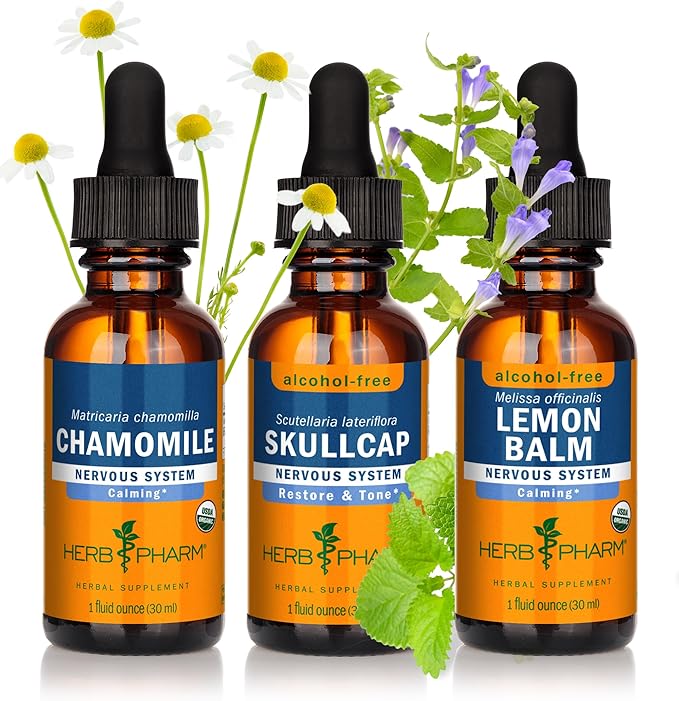 Herb Pharm Organic Calming &amp Relaxing Support* Bundle: Lemon Balm Chamomileand Skullcap Liquid Extract 3 Pack Bundle (1 oz Each)