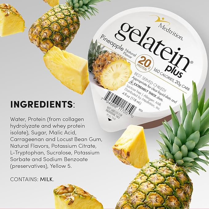 ProSource Gelatein Plus Pineapple: 20 Grams of Proteins. Ideal for Clear Liquid Diets Swallowing Difficulties Dialysis and Oncology. Great Pre or Post Workout Snack. (12 Pack) …