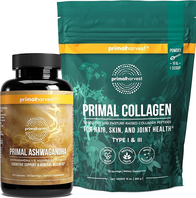 Primal Harvest Daily Two-Step Routine | Ashwagandha + Pure Collagen | 2 Pack | 30 Day Supply