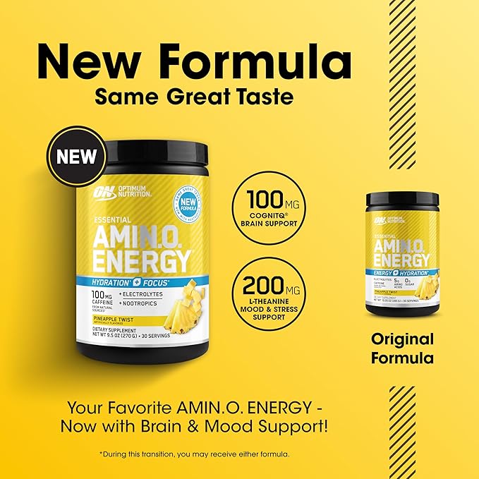 Optimum Nutrition Amino Energy Powder Plus Focus with BCAA Electrolytes and Caffeine Pineapple Twist 30 Servings (Packaging May Vary)