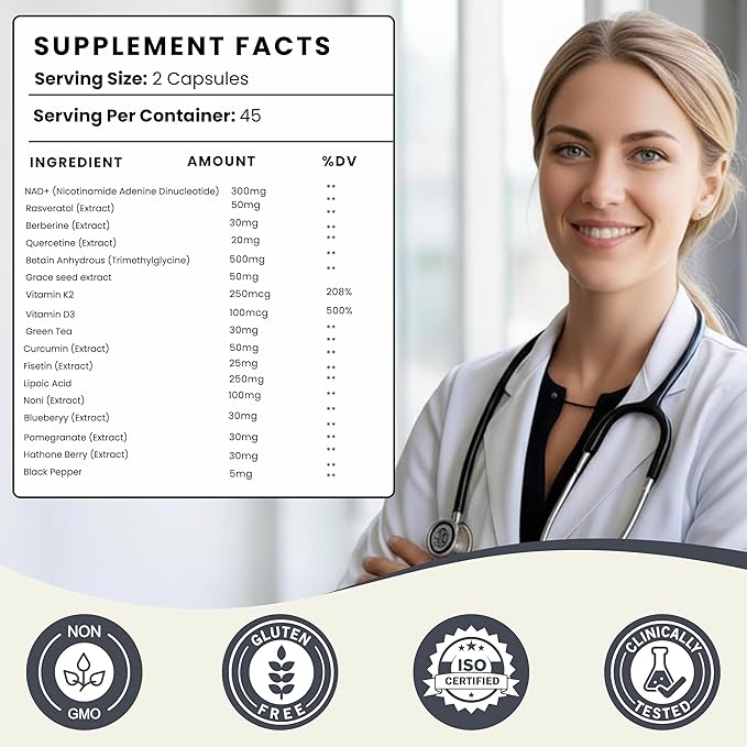 NAD+ Resveratrol Supplement for Energy Cellular Health &amp Healthy Aging – High Potency NAD Plus Capsules for Men &amp Women – Antioxidant Support (60 Count (Pack of 1))