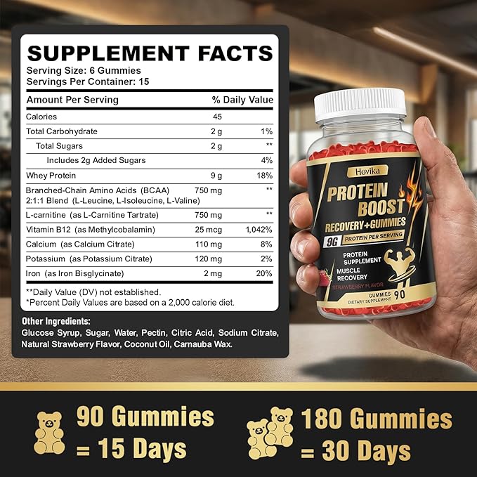 Whey Protein Gummies 9g Protein per Serving Easy to Take Snacks for Men &amp Women Recovery + Gummies for Protein Boost Muscle Energy Support Strawberry Flavor 180 Gummies