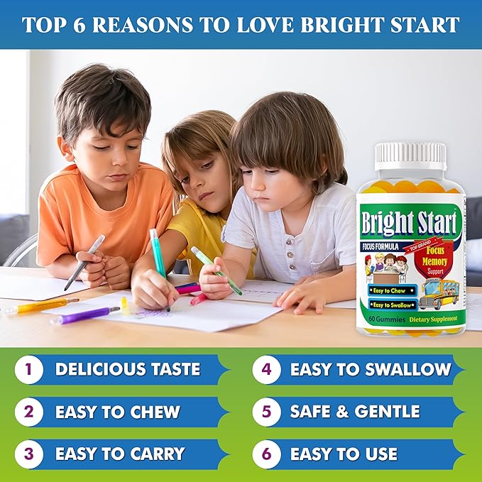 BrightStart Focus Gummies for Kids with Omega 3 EPA DHA – Brain Vitamins Supports Focus Memory &amp Attention for Children &amp Teens | Non-GMO Chewable Supplement 60 Gummies