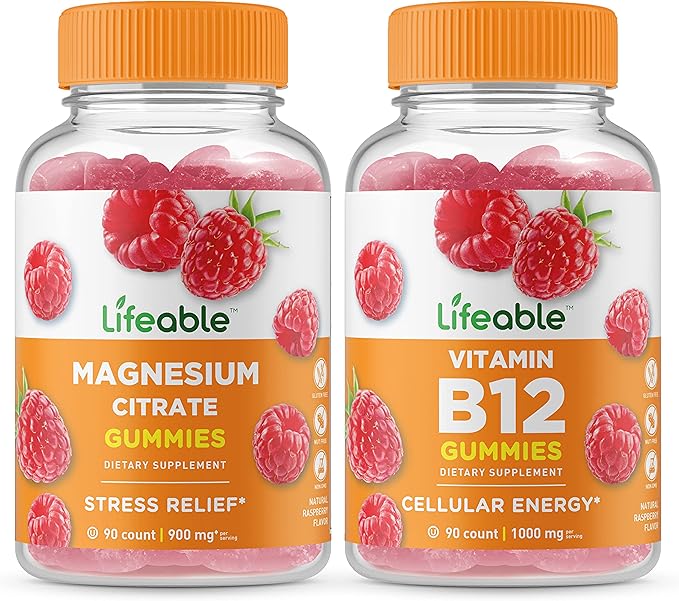 Lifeable Magnesium + Vitamin B12 Gummies Bundle - Great Tasting Vitamin Supplement Gluten Free GMO Free Chewable Gummy