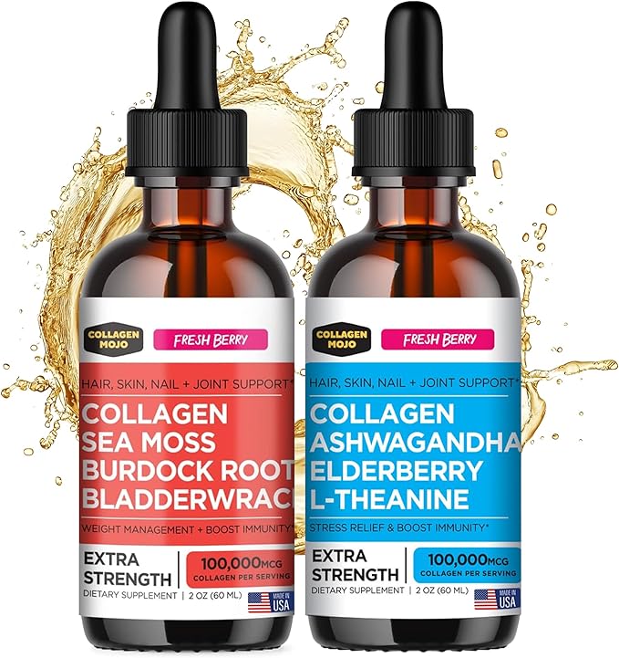 Collagen Mojo Liquid Collagen Peptides with Sea Moss Burdock Root &amp Bladderwrack + Liquid Collagen Peptides with Ashwagandha Elderberry &amp L-Theanine